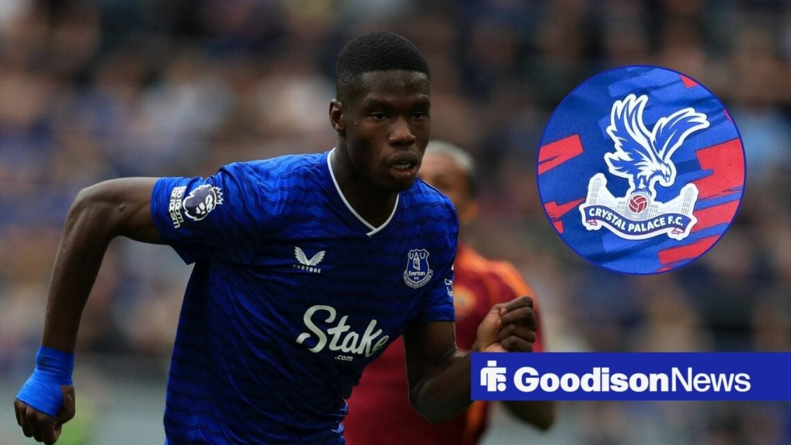 Thierno Barry running with Crystal Palace badge in circle