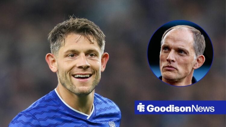 Everton defender James Tarkowski with England manager Thomas Tuchel inset