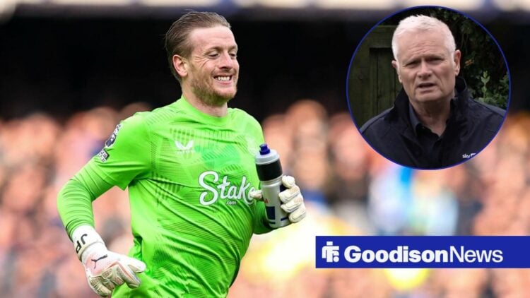 Jordan Pickford smiling while looking at Alan Myers