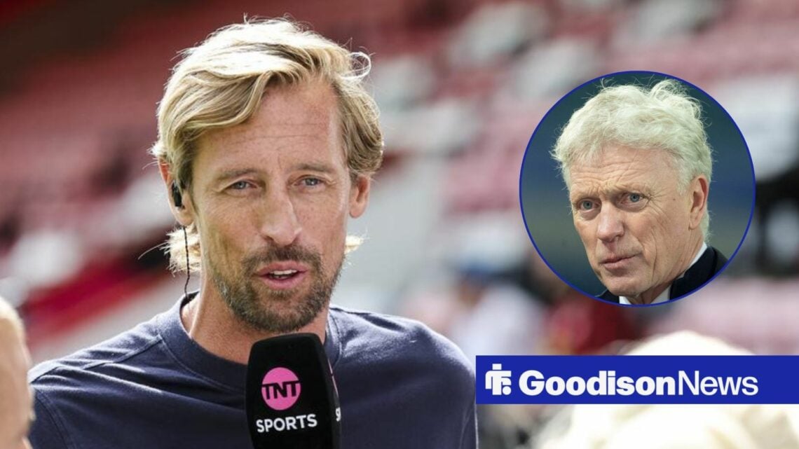 Pundit Peter Crouch talks with Everton manager David Moyes inset