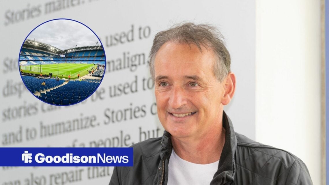 Pat Nevin smiles towards a circular inset of the Etihad Stadium