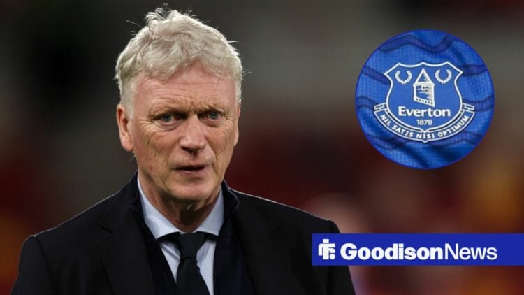 David Moyes looking focused with Everton badge in frame