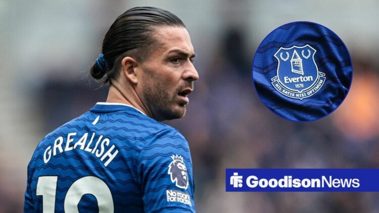 Jack Grealish with an inset of an Everton logo on the left