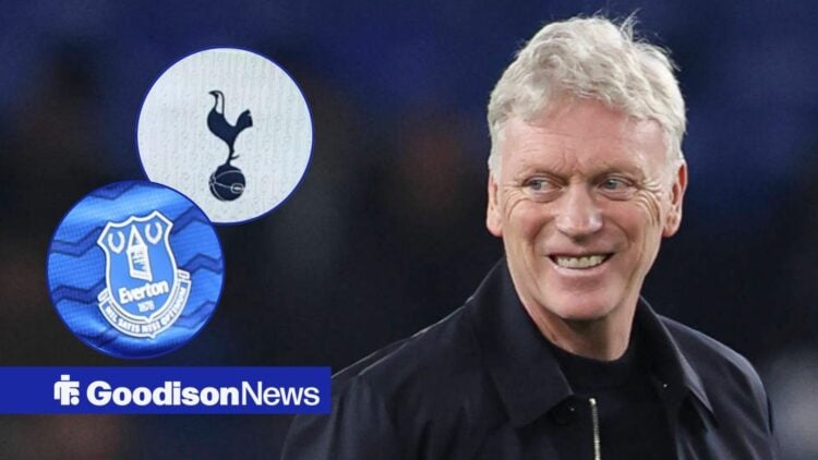 David Moyes smiling with Everton and Tottenham badge in frame