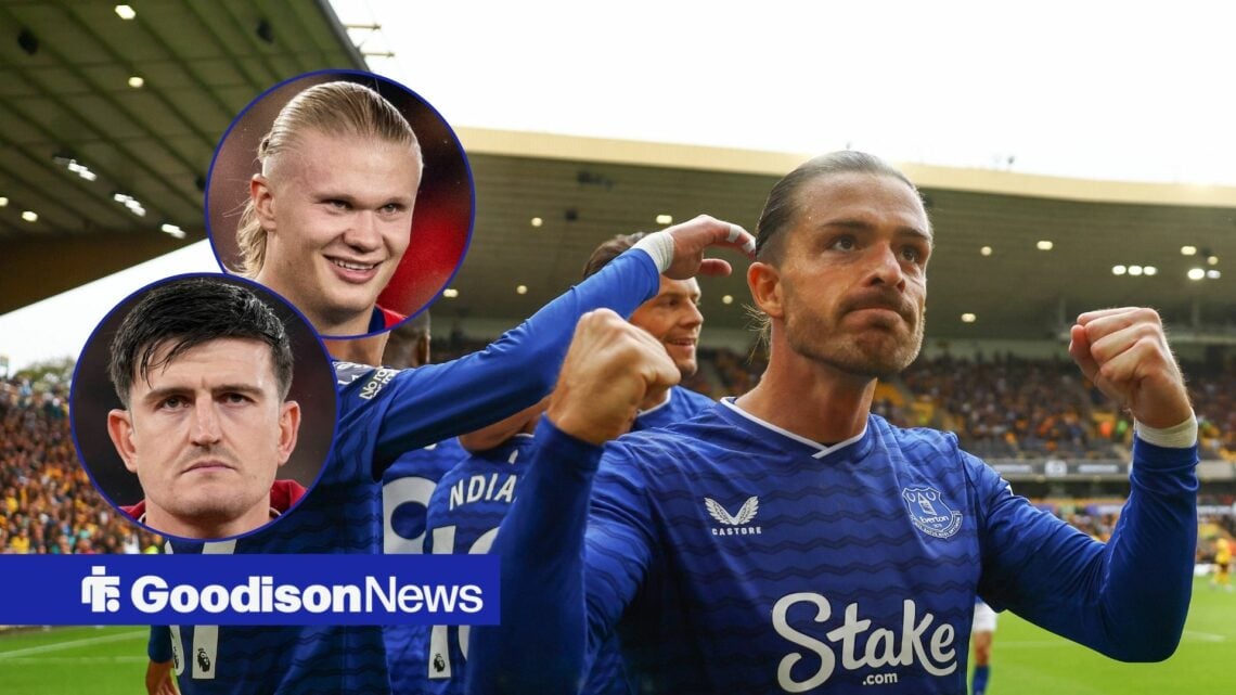 Everton winger Jack Grealish celebrates with Manchester United defender Harry Maguire and Manchester City striker Erling Haaland inset