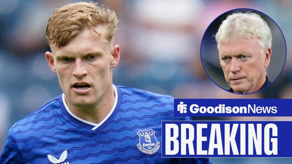 Everton defender Jarrad Branthwaite with David Moyes inset