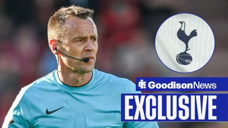 Stuart Attwell looking annoyed toward a Tottenham badge in a circle inset