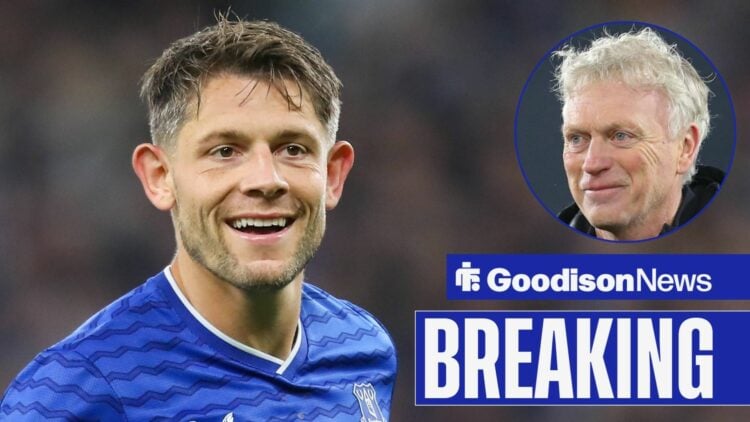 Everton defender James Tarkowski smiles with David Moyes smiling inset