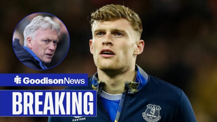 Jarrad Branthwaite in an Everton tracksuit, with David Moyes in a circular frame alongside him
