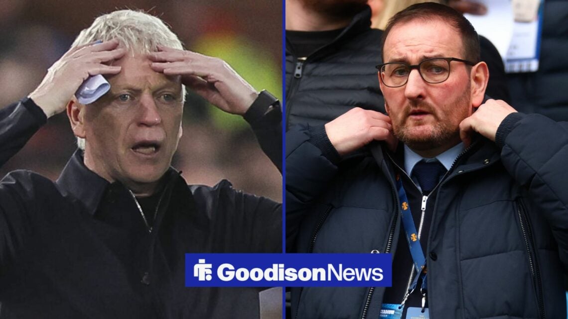 Everton manager David Moyes looks shocked with Rangers sporting director Kevin Thelwell