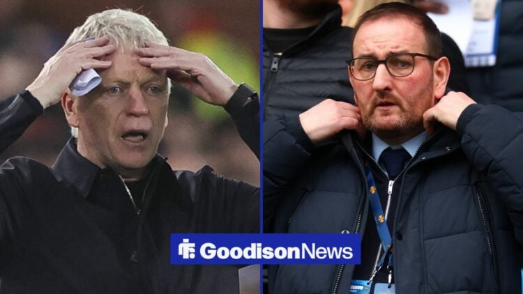 Everton manager David Moyes looks shocked with Rangers sporting director Kevin Thelwell