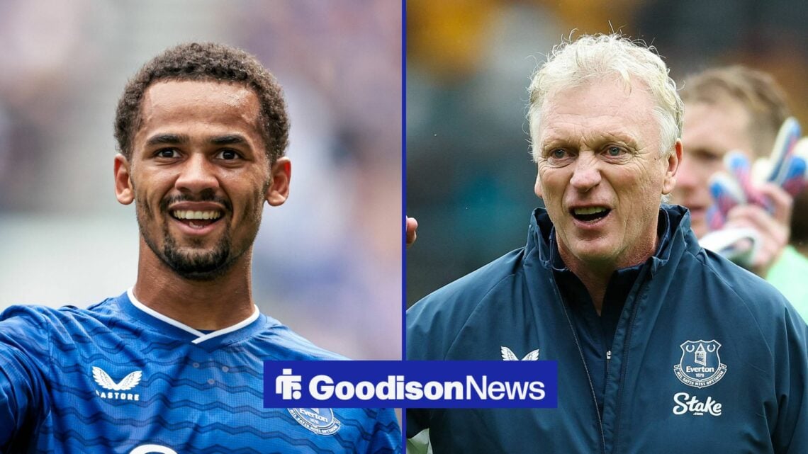 Everton winger Iliman Ndiaye and manager David Moyes celebrate