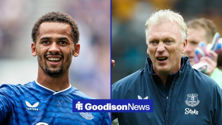 Everton winger Iliman Ndiaye and manager David Moyes celebrate