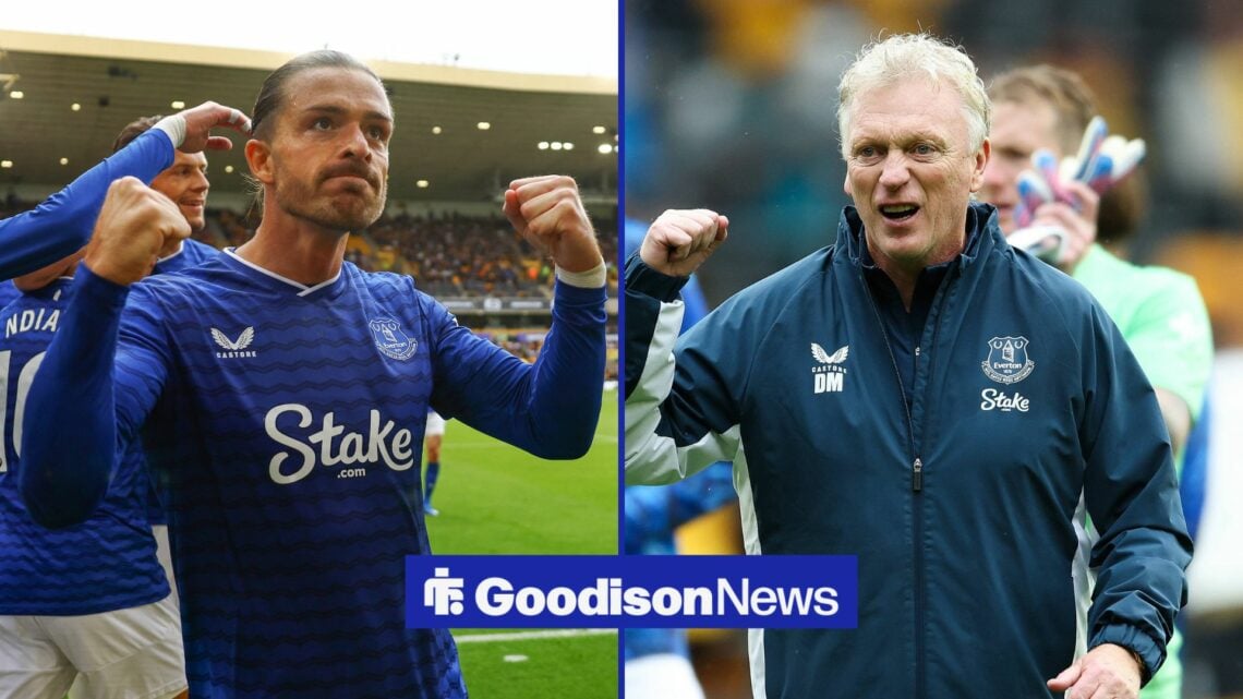 Everton manager David Moyes and winger Jack Grealish celebrate