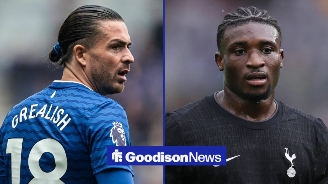 Everton winger Jack Grealish with Tottenham winger Mohammed Kudus