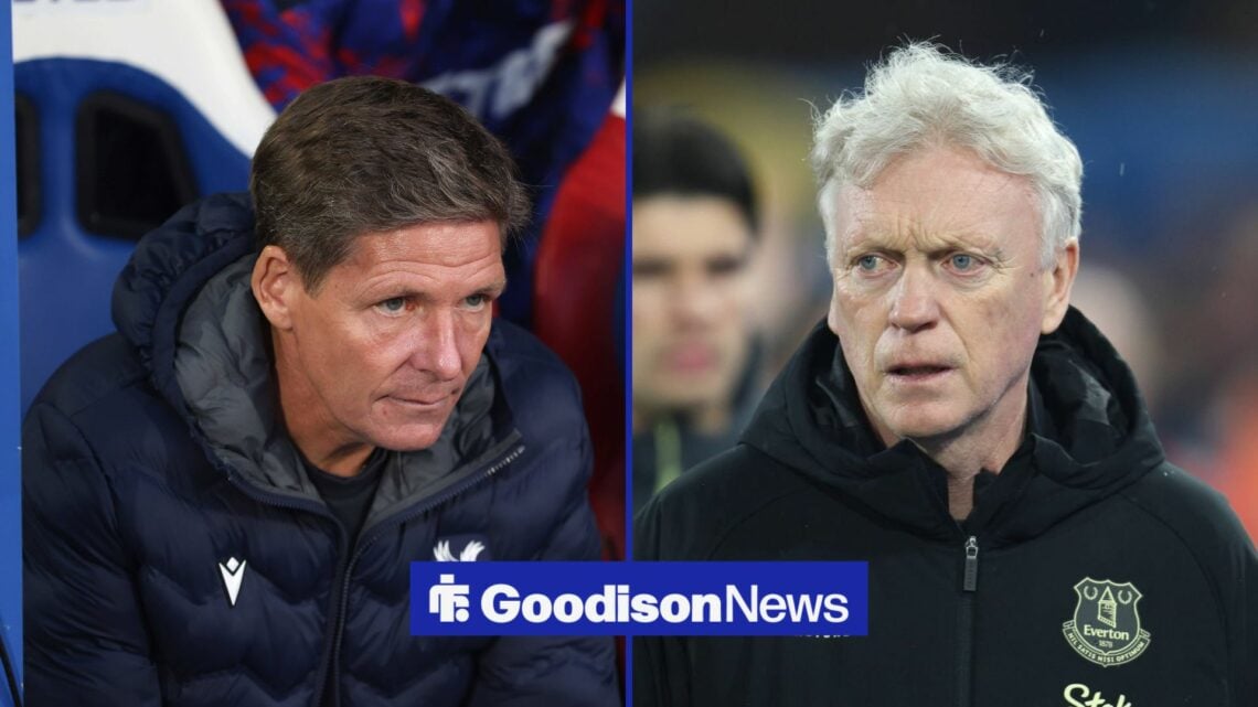 Oliver Glasner on left looking at David Moyes on right
