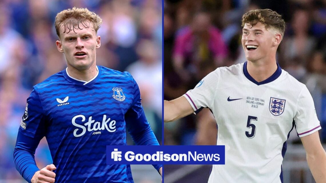 Jarrad Branthwaite playing for Everton on the left. On the right is a picture of Charlie Cresswell playing for England Under-21s