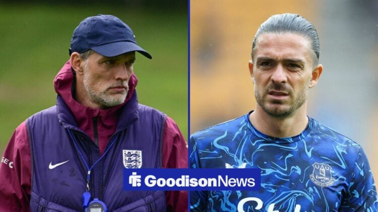 Everton winger Jack Grealish with England manager Thomas Tuchel