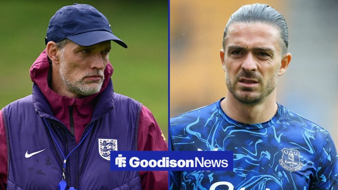 Thomas Tuchel in England training looking towards Jack Grealish annoyed at Everton