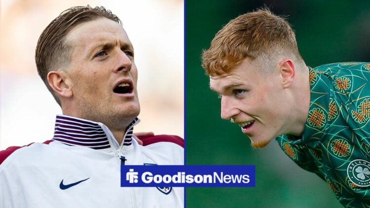 Everton goalkeeper Jordan Pickford with defender Jake O'Brien