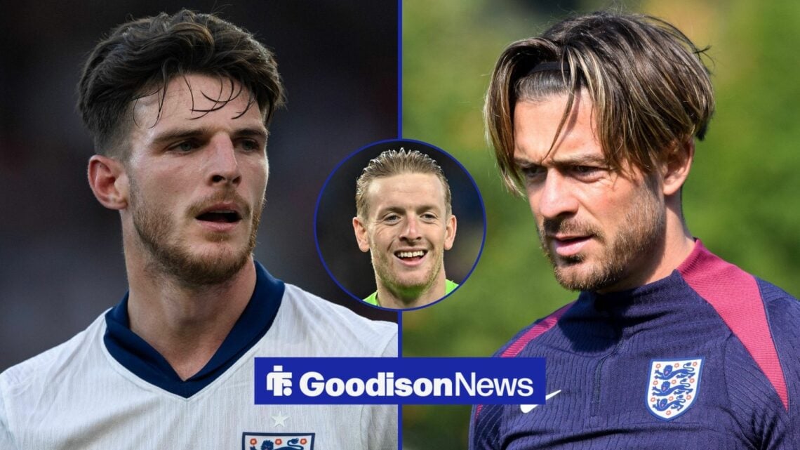 Arsenal midfielder Declan Rice and Everton winger Jack Grealish with Jordan Pickford inset