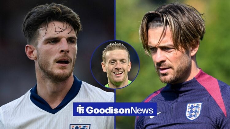 Arsenal midfielder Declan Rice and Everton winger Jack Grealish with Jordan Pickford inset