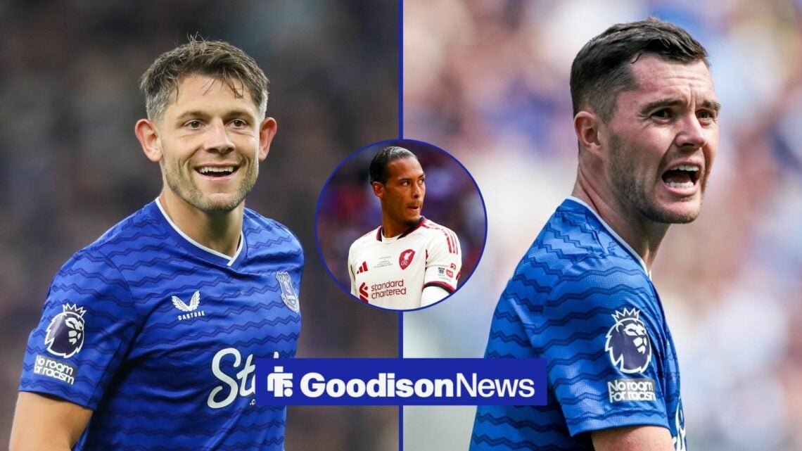 James Tarkowski and Michael Keane either side of Virgil Van Dijk in circle inset