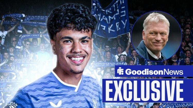Goodison News exclusive as Adam Aznou smiles in front of the Everton fans, while David Moyes glances across from a circular inset.
