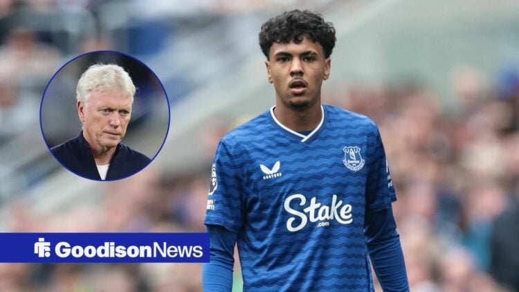 Everton star Adam Aznou looking confused, David Moyes looking angry.