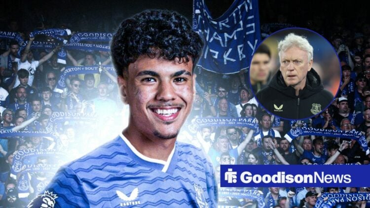 Adam Aznou in an Everton shirt, David Moyes looking frosty.