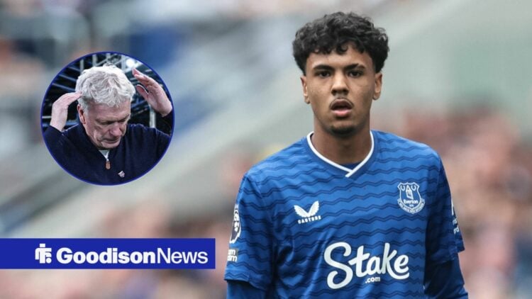 Everton star Adam Aznou looking glum, David Moyes in inset.