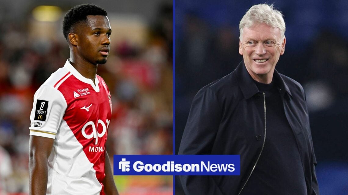 A split image as Monacho striker Ansu Fati stands during a game in the left half of the image, as Everton manager David Moyes smiles across from th...