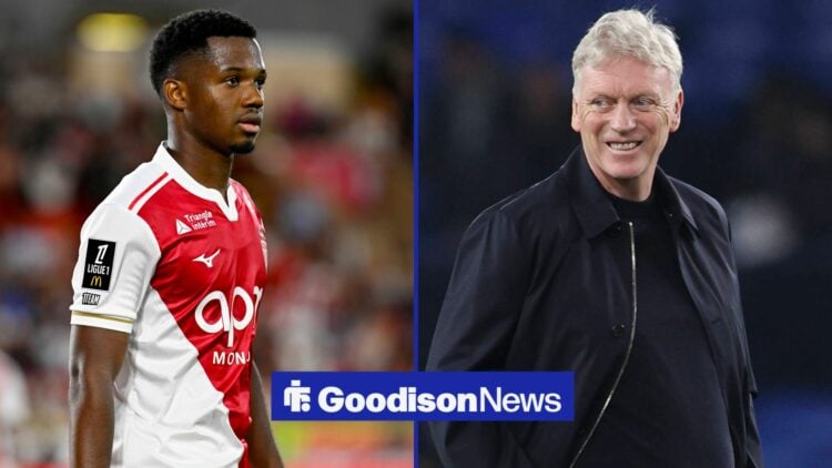 A split image as Monacho striker Ansu Fati stands during a game in the left half of the image, as Everton manager David Moyes smiles across from th...