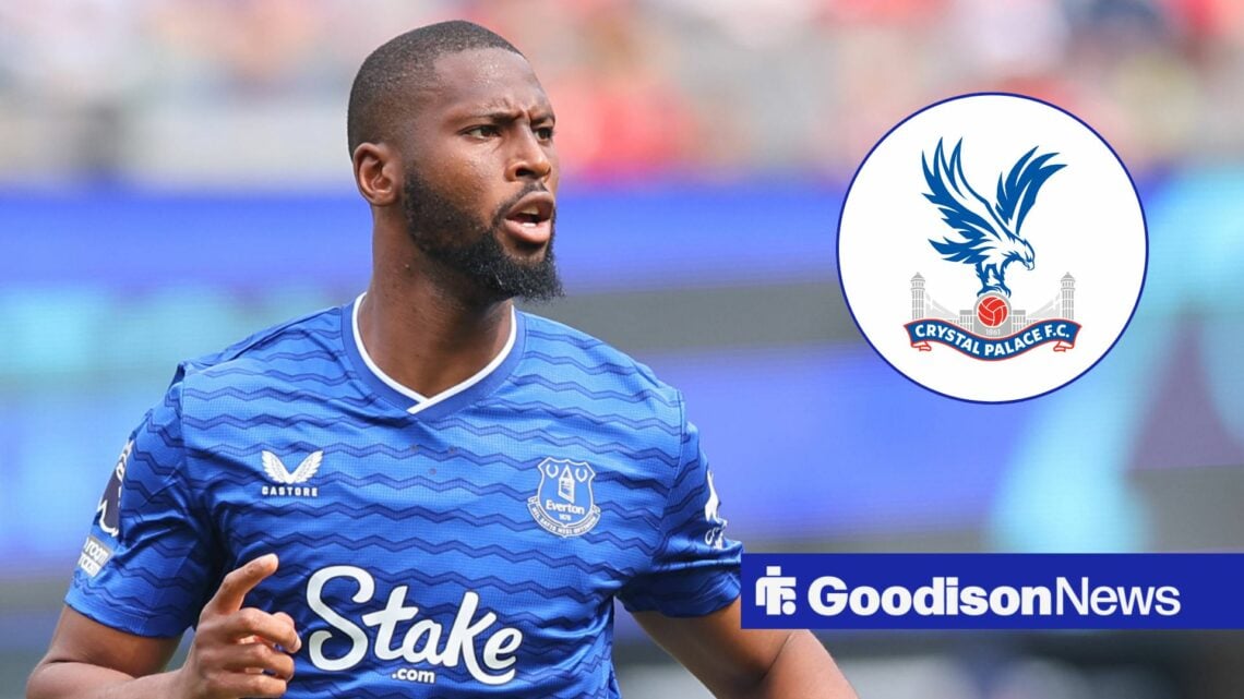 Everton star Beto looking miserable, Crystal Palace badge in inset.
