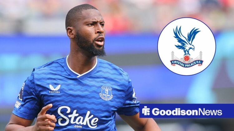 Everton star Beto looking miserable, Crystal Palace badge in inset.