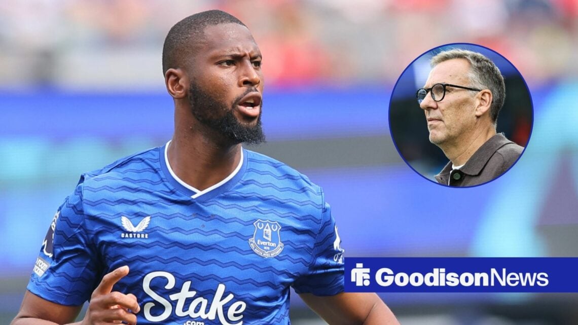 Everton striker Beto looking confused, Paul Merson in inset.
