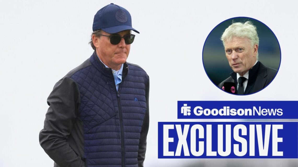 Goodison News exclusive as Everton owner Dan Friedkin stands wearning sunglasses as David Moyes watches on while being interviewed in a circular in...