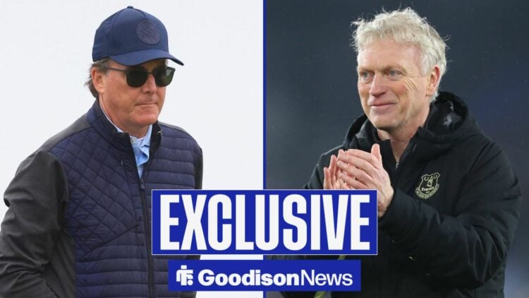 Goodison News exclusive as Everton owner Dan Friedkin stands in the left half of a split image, as manager David Moyes applauds in the right half.