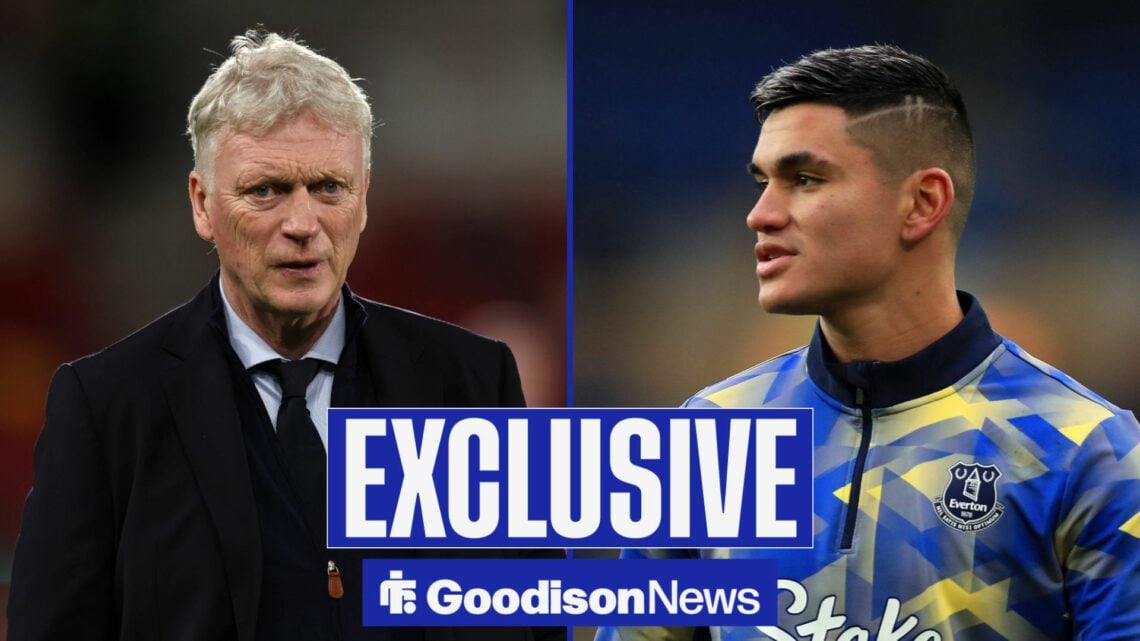 Goodison News exclusive as Everton manager David Moyes stares across a split image at Carlos Alcaraz, who is warming up on the right side of the im...