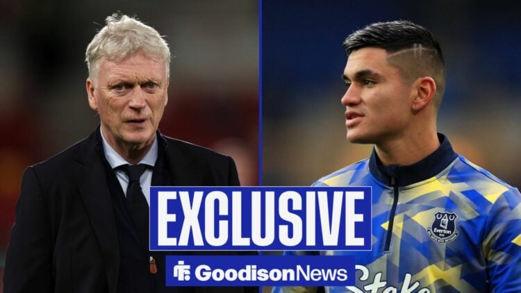 Goodison News exclusive as Everton manager David Moyes stares across a split image at Carlos Alcaraz, who is warming up on the right side of the im...