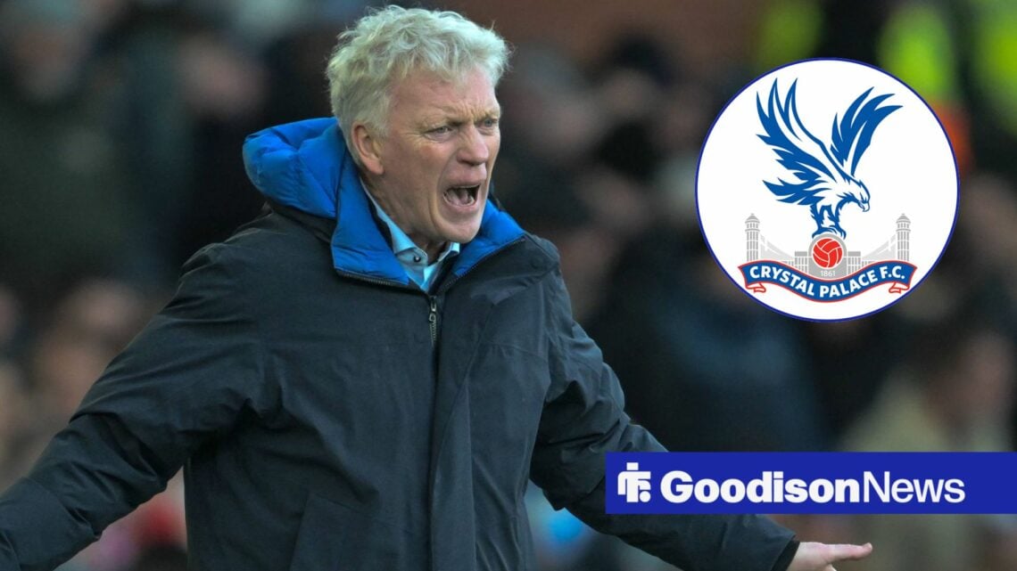 Everton manager David Moyes shouts incredulously towards a circular inset, which features the Crystal Palace badge.