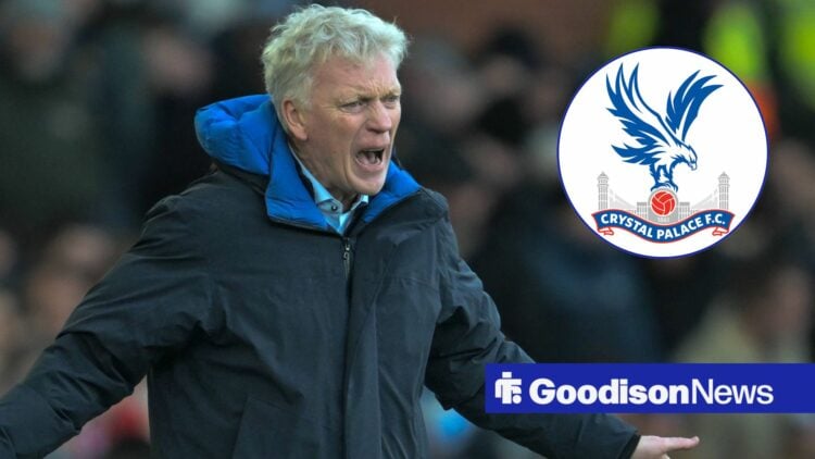 Everton manager David Moyes shouts incredulously towards a circular inset, which features the Crystal Palace badge.