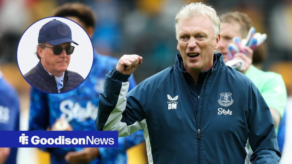 Everton manager David Moyes punches the air after a while, while owner Dan Friedkin watches on from a circular inset.