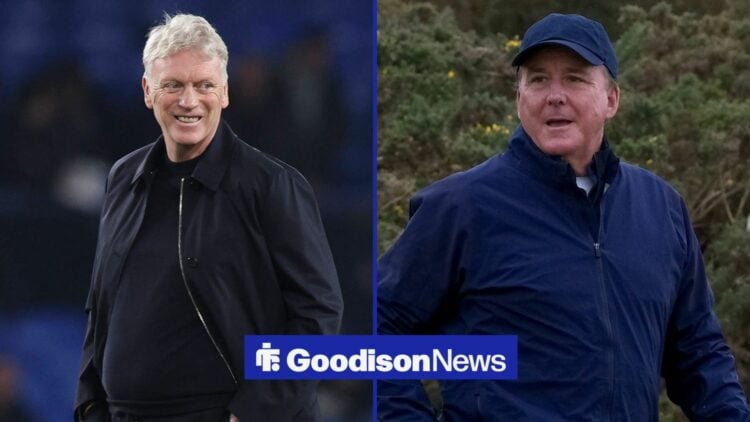 A split image as Everton manager David Moyes smiles across at owner Dan Friedkin, who stands wearing a cap and glances back at Moyes.