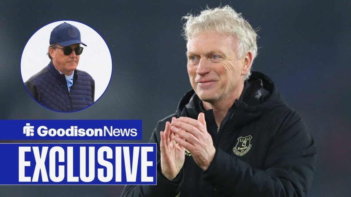 Goodison News exclusive as Everton manager David Moyes applauds towards a circular inset, where owner Dan Friedkin stands wearing sunglasses.