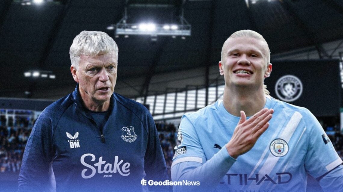 Everton boss David Moyes looking sad and Manchester City striker Erling Haaland looking happy.