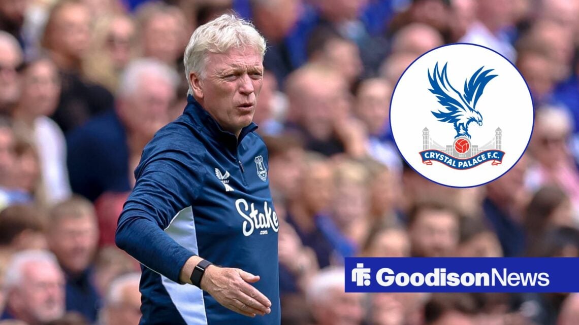 Everton manager David Moyes looking furious, Crystal Palace badge in inset.