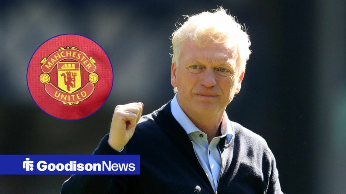 Everton boss David Moyes looking happy, Manchester United badge in inset.