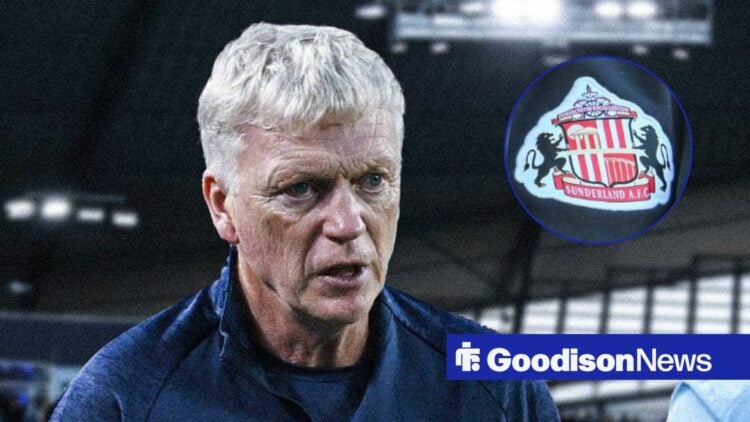 Everton boss David Moyes looking angry, Sunderland badge in inset.