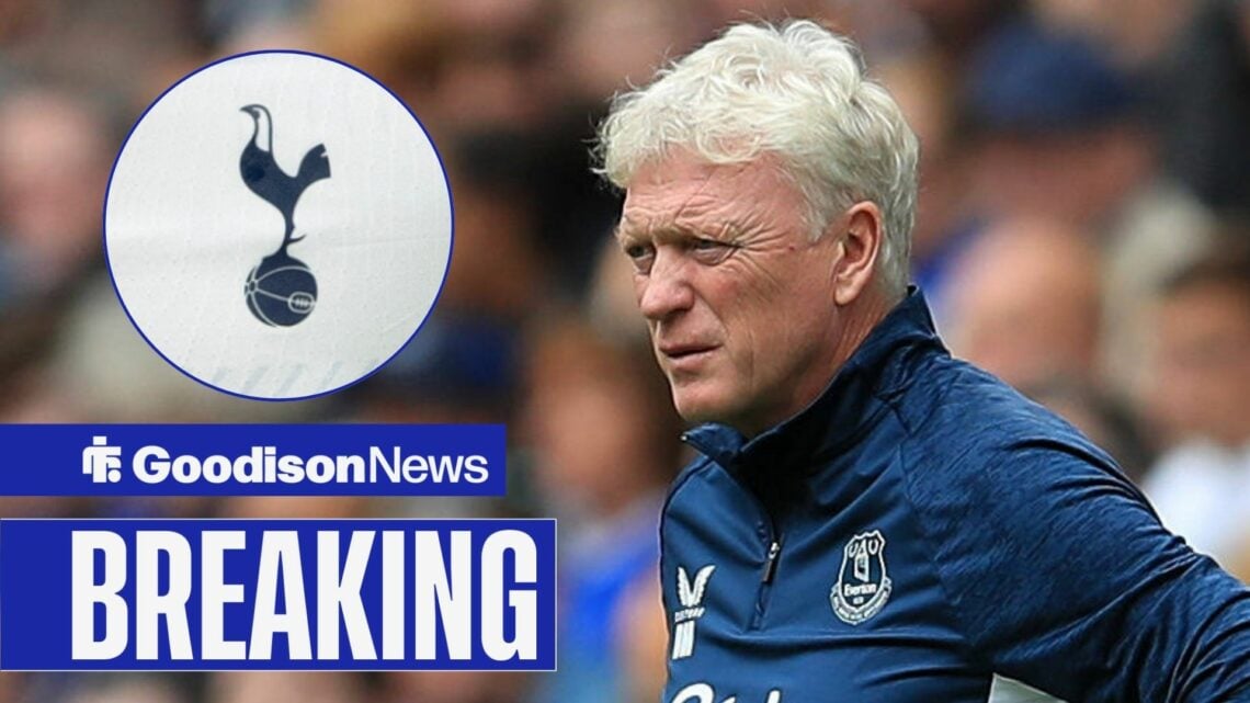 Everton boss David Moyes looking angry, Tottenham badge in inset.